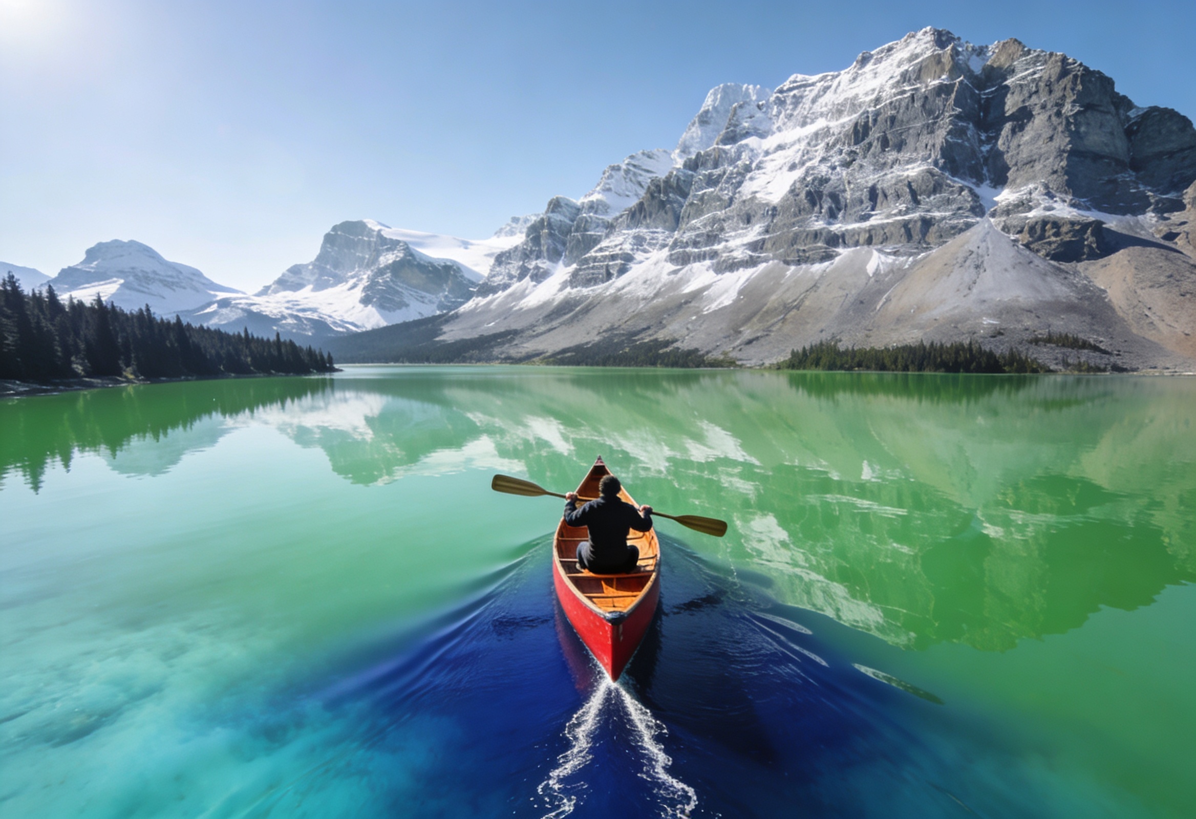 A red canoe gliding across a still emerald lake below towering glacier peaks