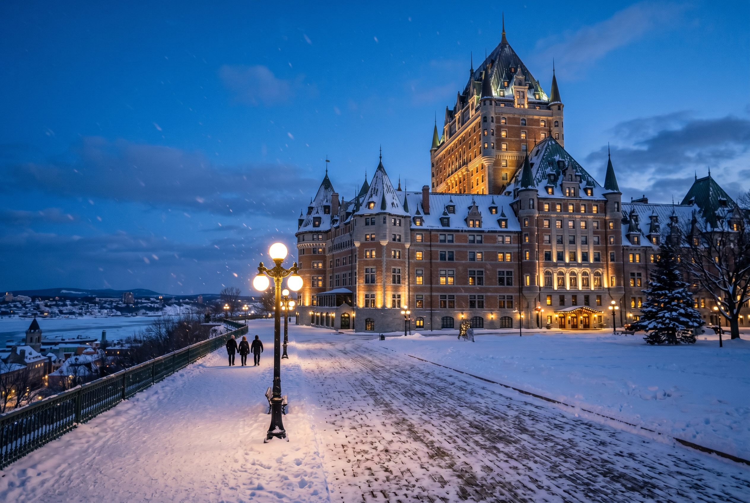 Snow-covered historic Quebec City chateau glowing warmly at blue-hour winter dusk