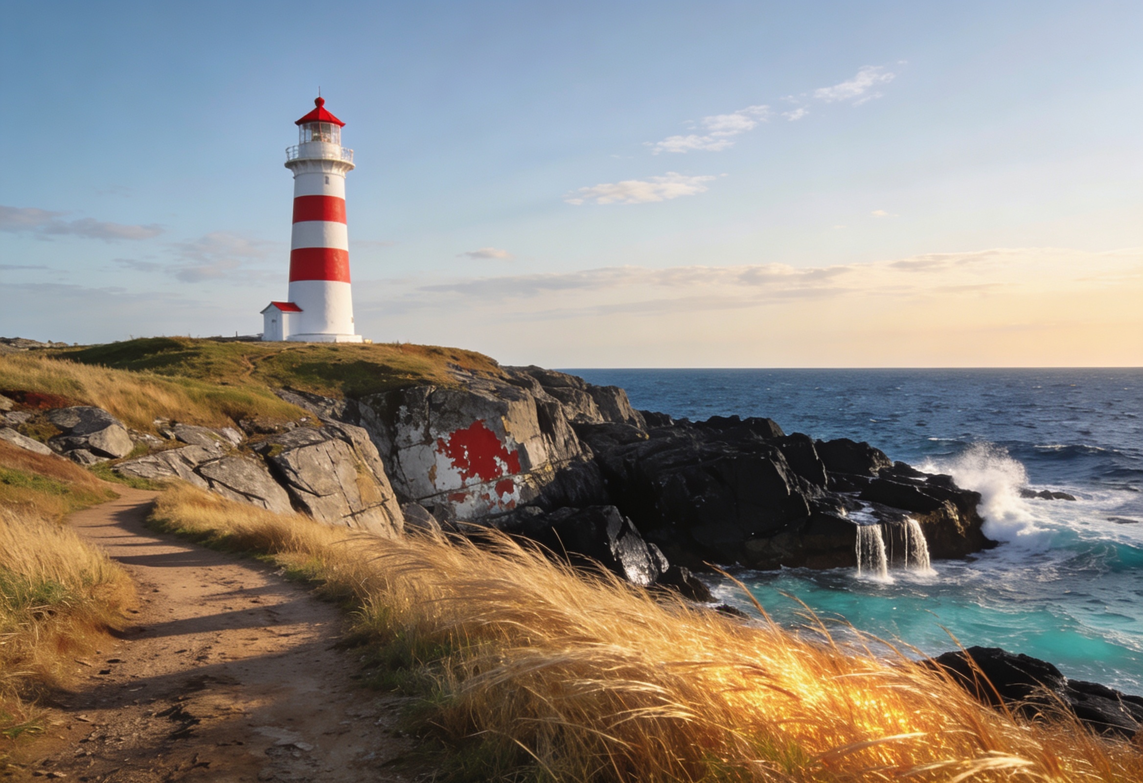 A red-and-white lighthouse on rugged Maritime cliffs above crashing Atlantic surf