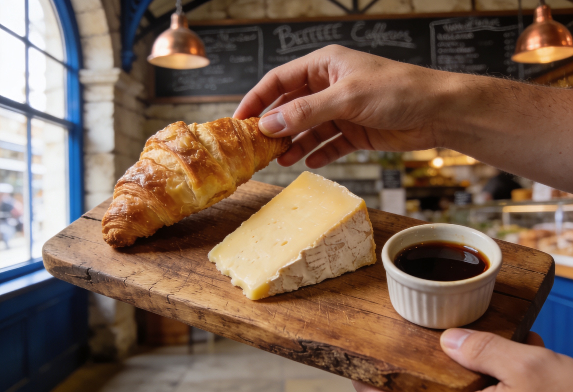 Hands sampling fresh pastry and aged cheese at an Old Montreal market stall